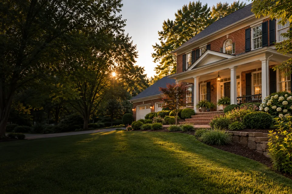 Pest Control Lynchburg VA website cover with Virginia red-brick home on a gently sloping garden with painted wood porch trim