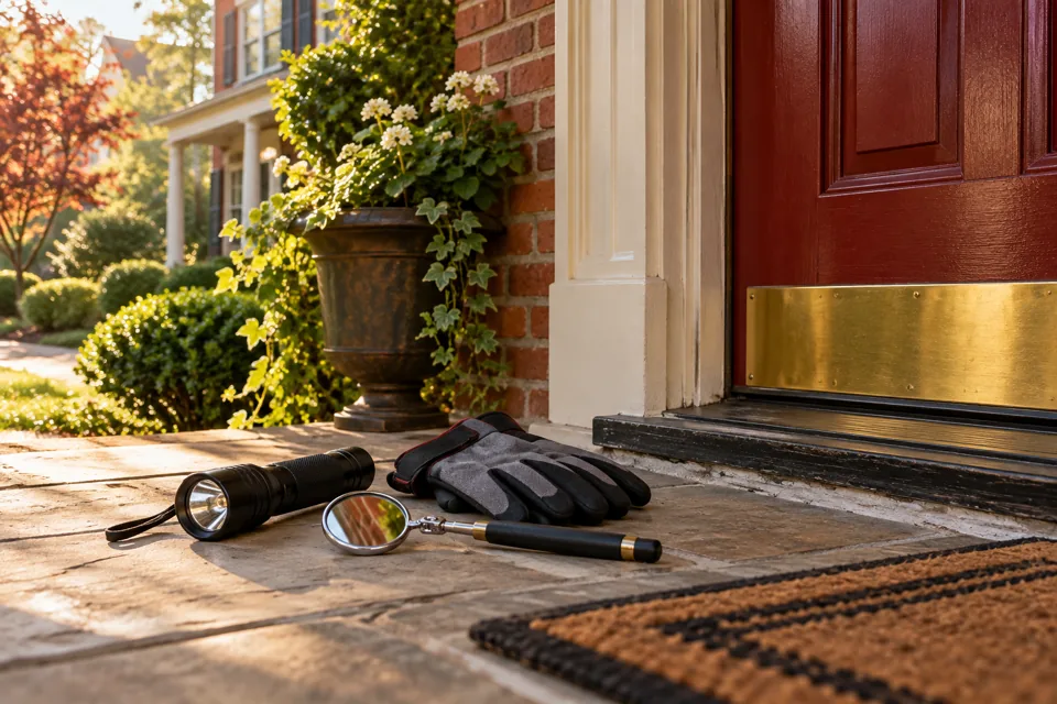 Pest inspection flashlight, mirror and gloves at a door threshold