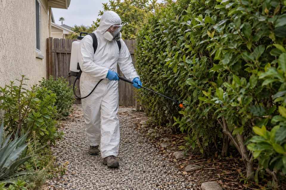 Technician in a protective suit treating shrubs along a gravel path, spider control in Lynchburg, Virginia